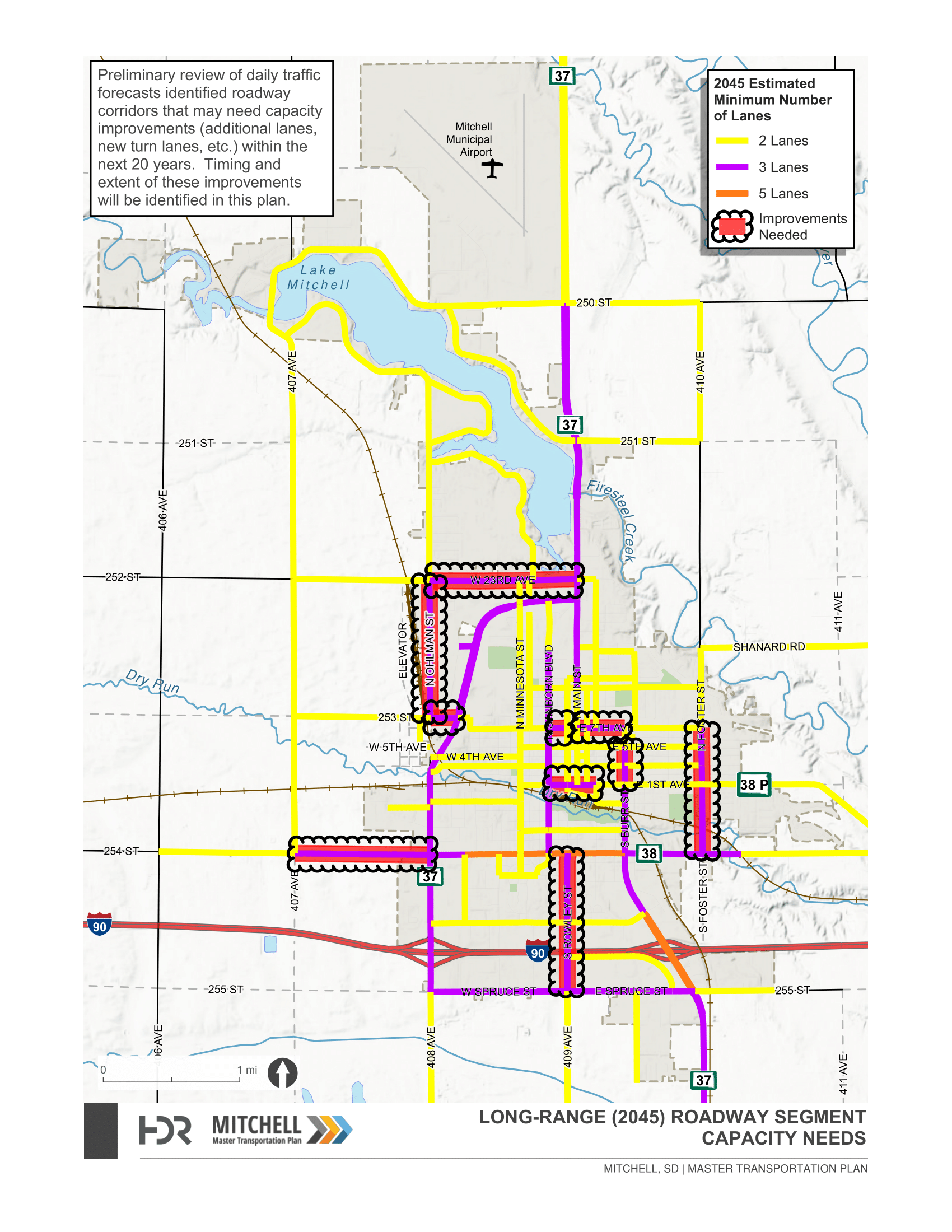 Summary of potential roadway improvement needs in terms of ‘number of lanes’ along a roadway segment based on forecasted traffic volumes.  Roadway segments with a thick red outline reflect long-range needs for additional lanes based on anticipated traffic growth and development over the next 20 years.  